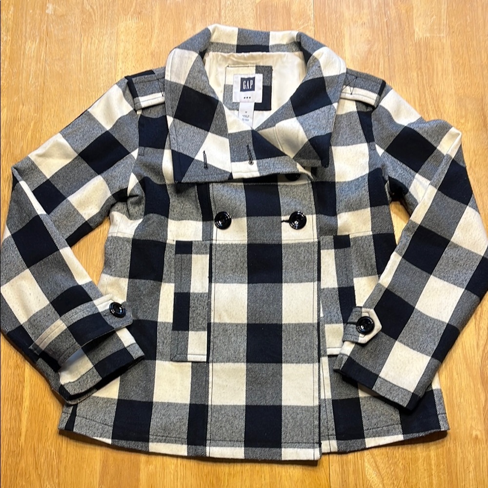 GAP Black and White Pea Coat Classic Checkered Design - Size Medium